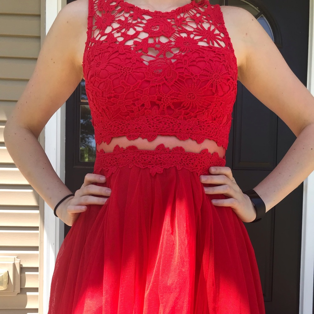 Red mocks two piece homecoming dress